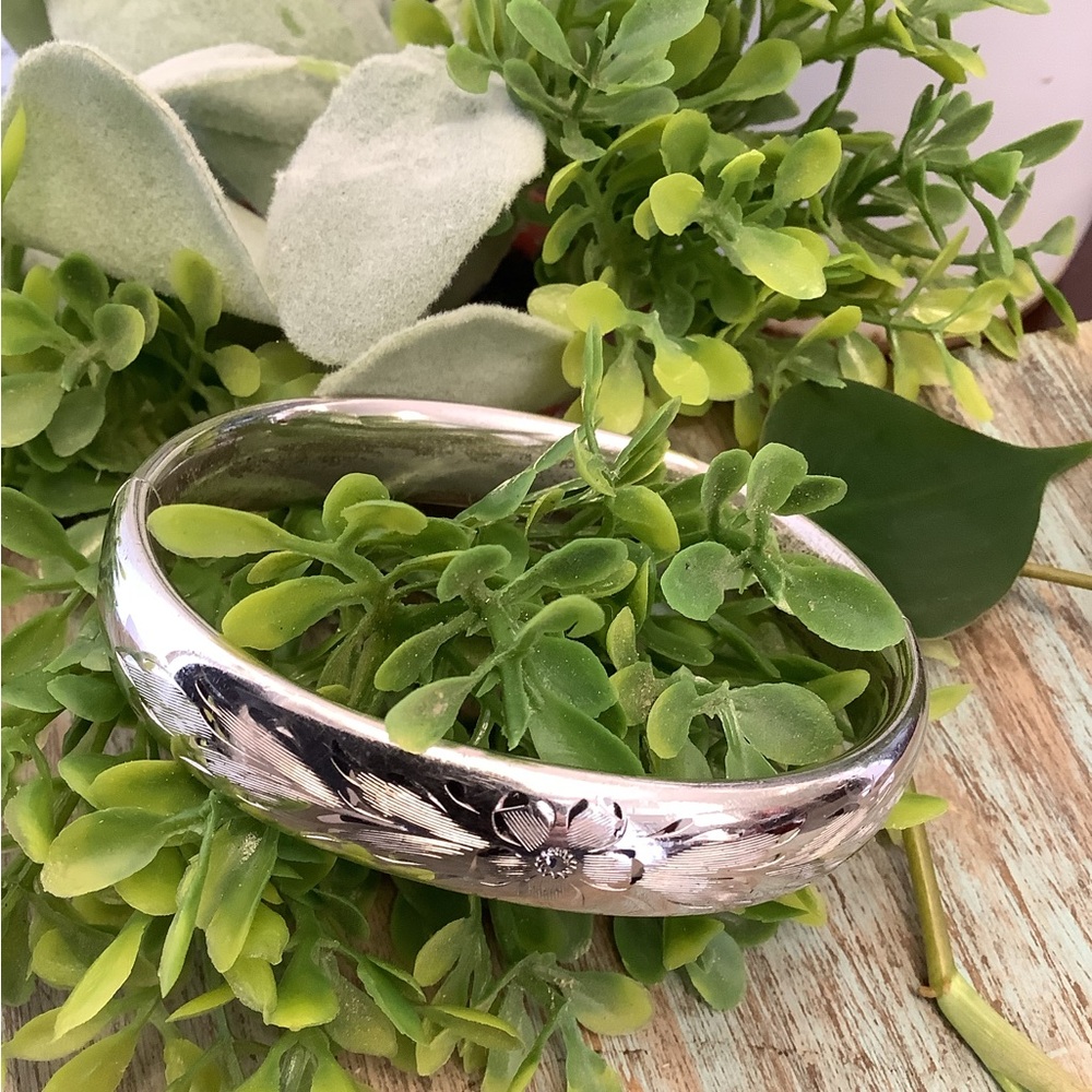 Sterling Silver Floral Engraved Bangle Bracelet